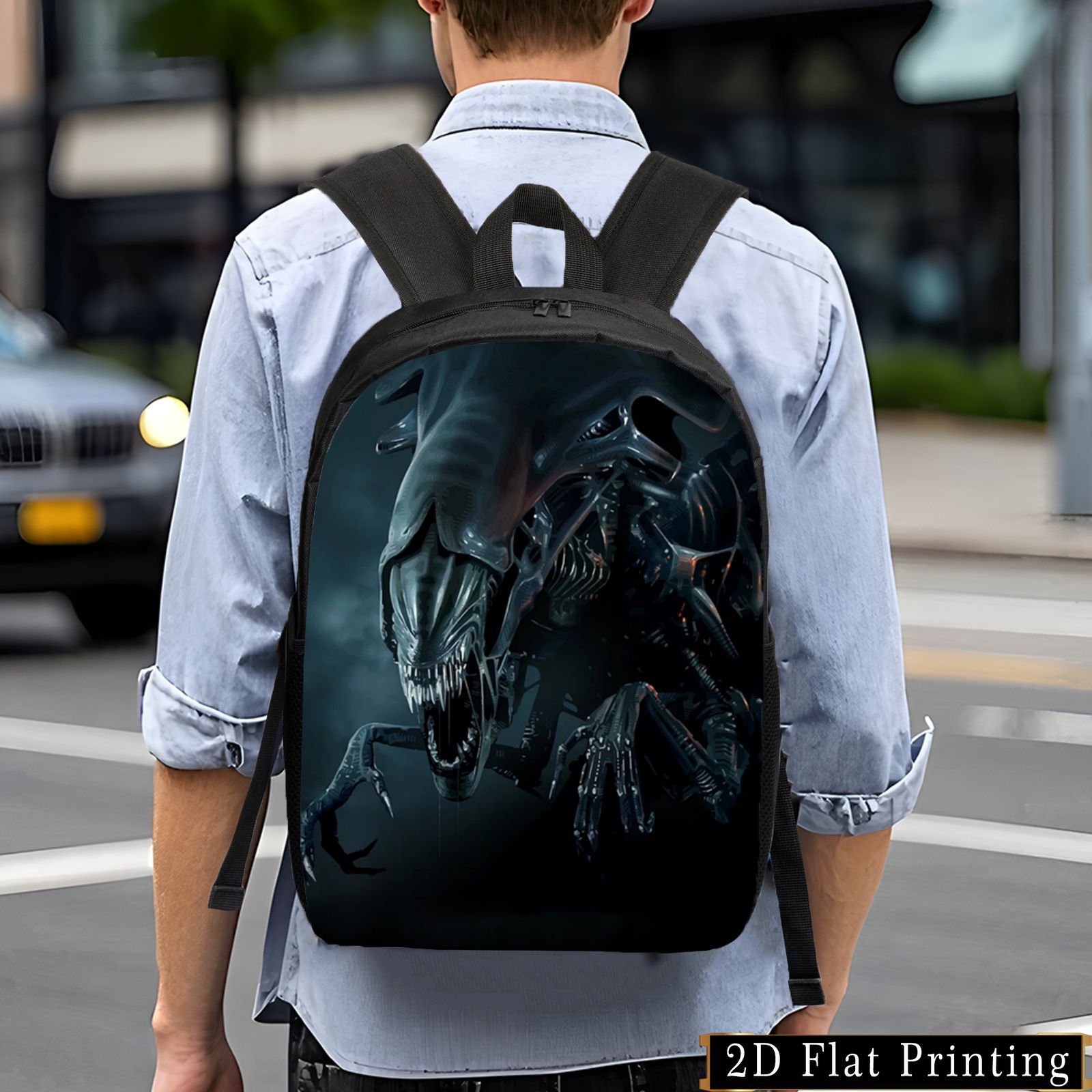 Science Fiction Alien Backpack - Stylish Black Student Bag with Adjustable Straps, Large Capacity, and Side Pockets, Perfect for School or Travel, Casual Design, Hand Washable, Student Backpack | Edgy Backpack | Durable Zipper Closure, School Backpac