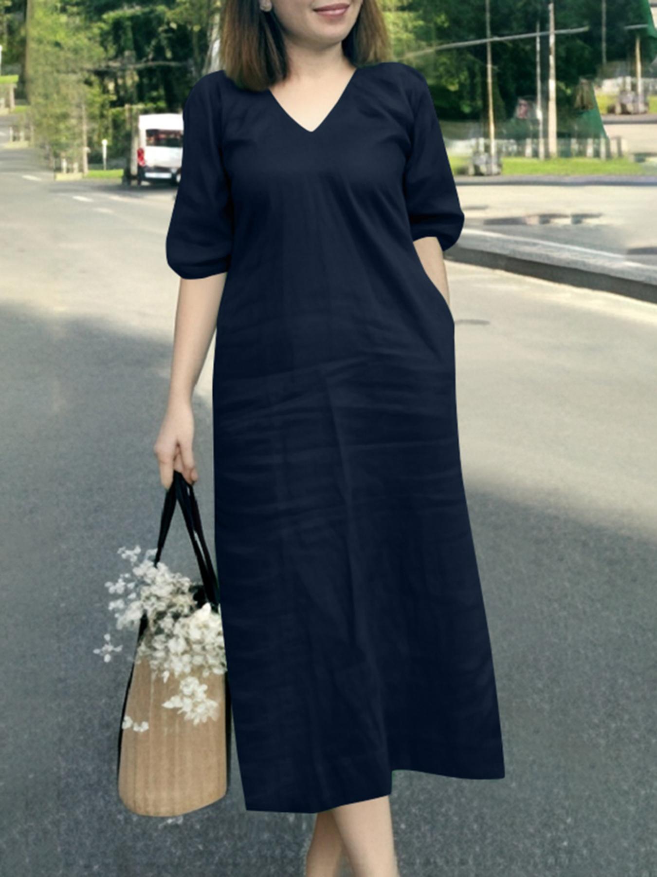 womens puff sleeve solid color baggy midi dress loose - Temu Bahrain