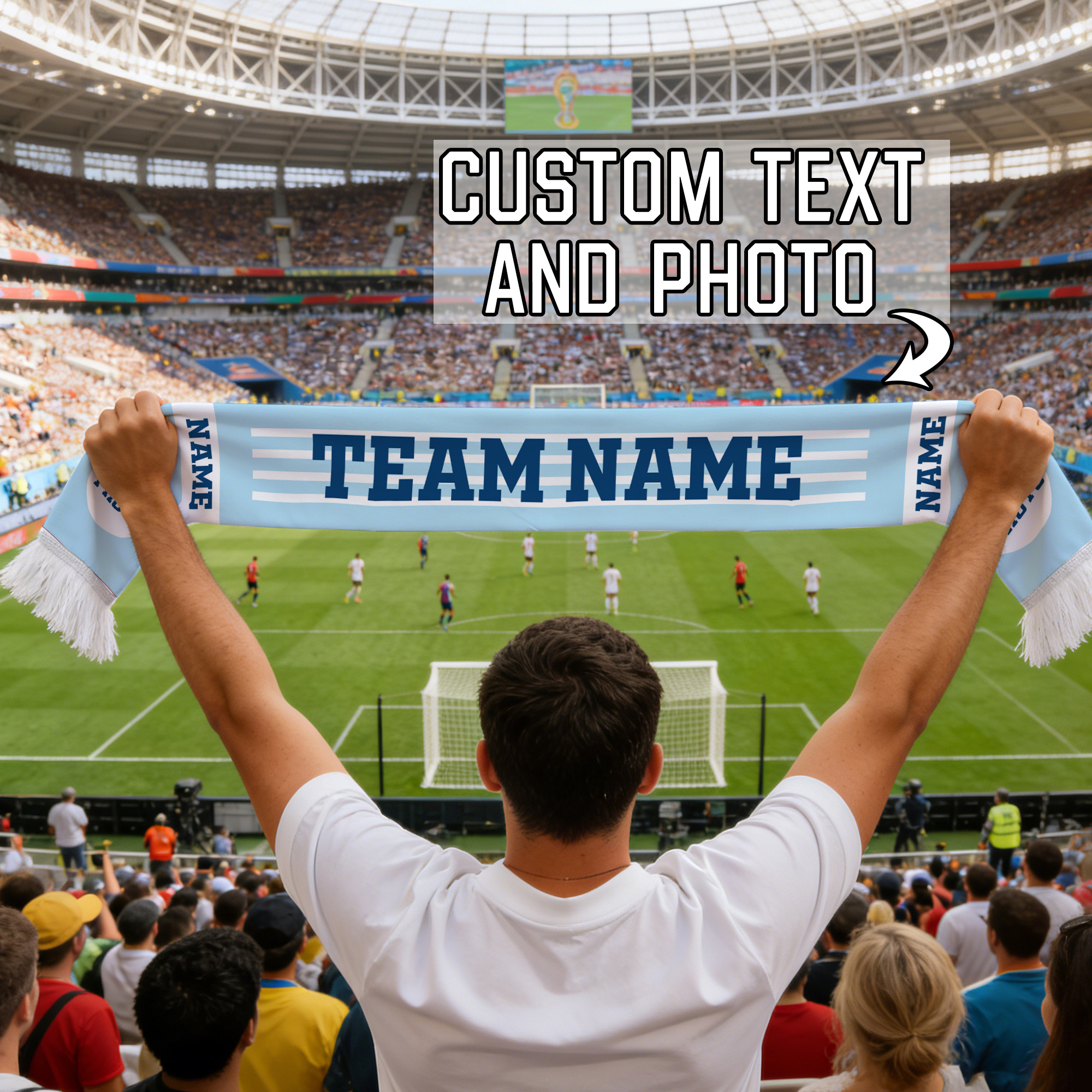 E-shop Ein personalisierter hellblauer und marineblauer Fan-Schal – Anpassbar mit Bild und Text für Stadionveranstaltungen und Sammlerstücke,