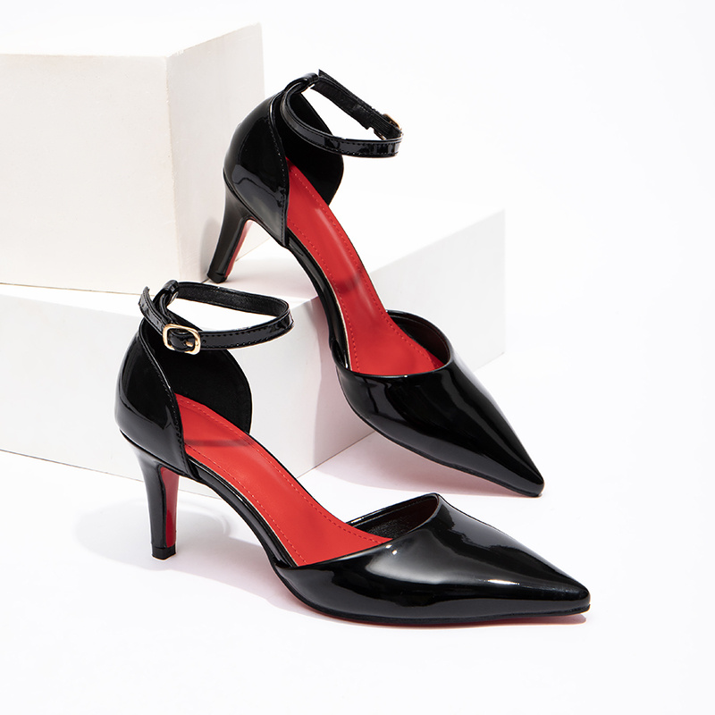 Image of Elegant Black Pointed Shoes With Thin Heel, Red Background Office Party All-match High Heels, Women Shoes