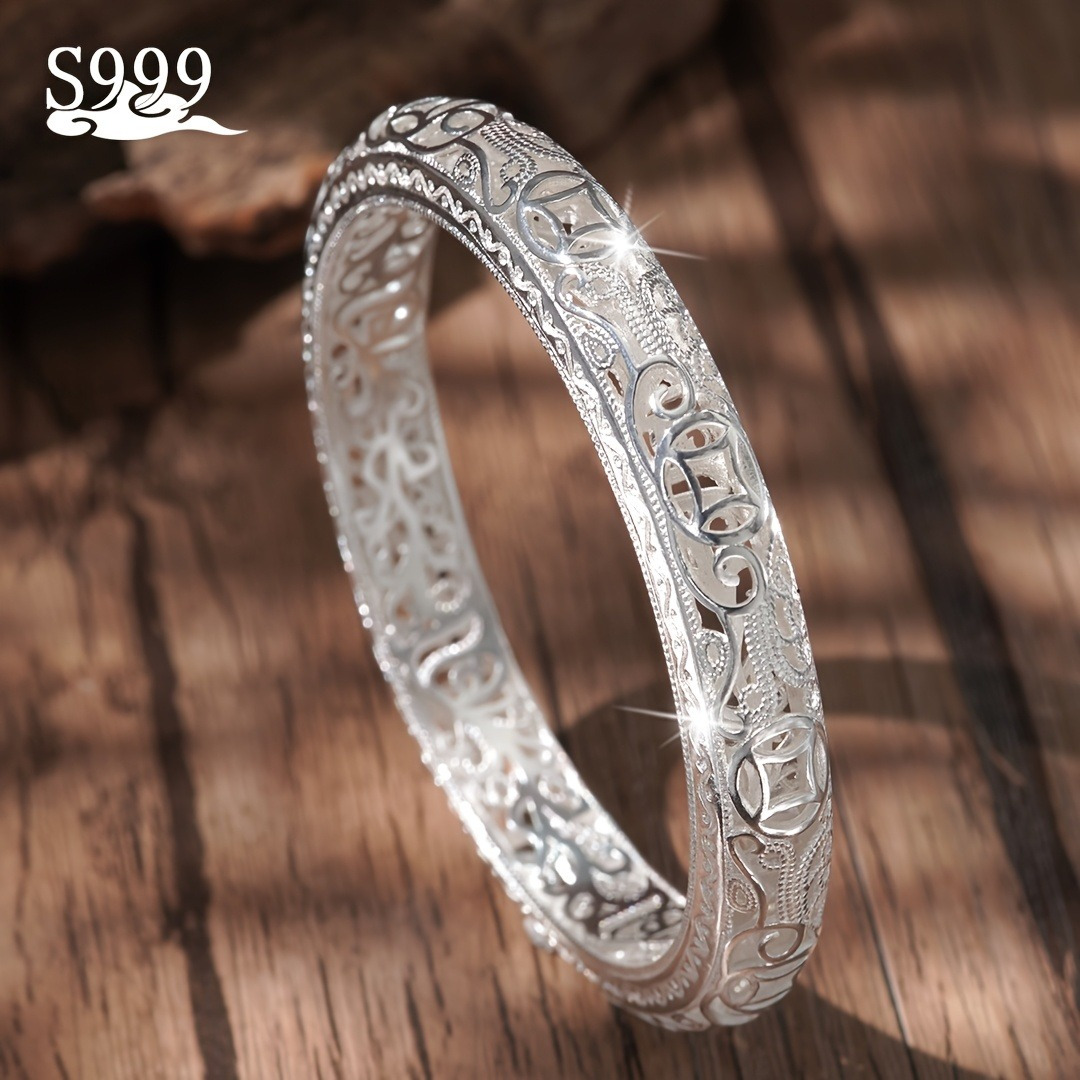 TEMU Bracelet Femme Argent Pur S999, Design Fermé Solide, Accessoire de Mode Multifonctionnel, Style Étincelant Haut de Gamme, Cadeau d'Anniversaire