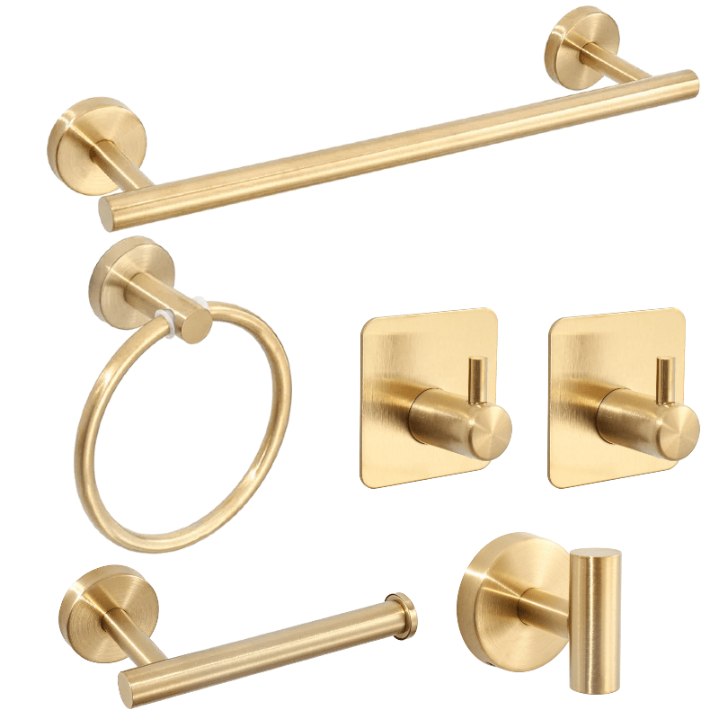 Image of Brushed Golden/brushed Silvery/matte Black 6pcs Bathroom Hardware, Stainless Steel Towel Rod Kit, Round Bathroom Accessories Kit Wall Mount