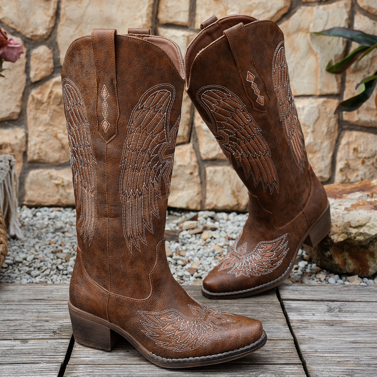 Image of Brown Wing Cowboy Boots, Women's Western Boots For Festival, Party And Daily Casual Wear, Women Shoes