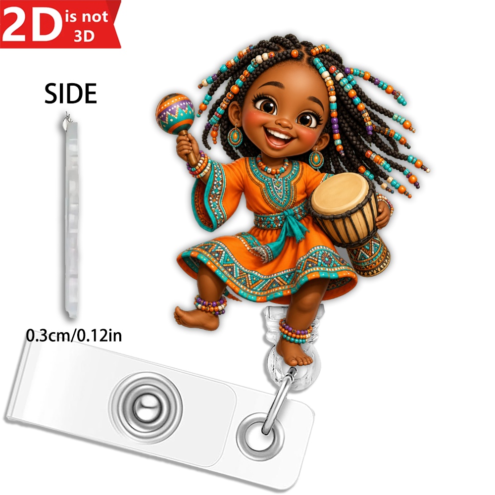 TEMU 2d Drummer Retractable Id Badge Reel, Cute 2d Acrylic Badge Holder, Vibrant Cultural Nurse Badge Clip, Work Accessory Gift For Women And Girls