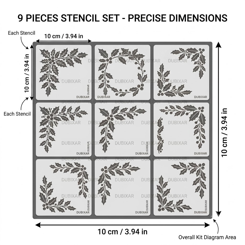 TEMU DUBIXAR 9pcs Pochoirs de houx de Noël pour peinture - Modèles de coin de de fête et de couronne - Outil de décoration hivernale réutilisable de