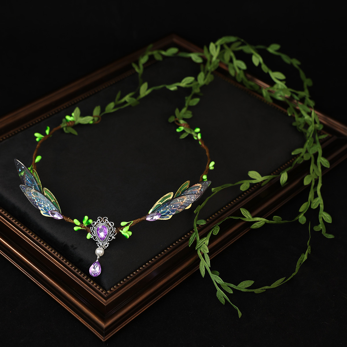 TEMU 1pc Elegant Transparent Fairy Wings Headband, Green Purple Water Drop Pendant Long Leaf Tassel Forest Elf Headband Crown, Bridal Wedding Wreath