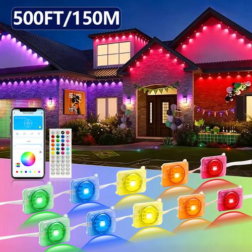 50-500Ft RGB Smart Lights, Outdoor LED String Lights, Wireless App And Control Color Changing Roof Lights for Garden Lawn Fence Balcony Holiday Decor