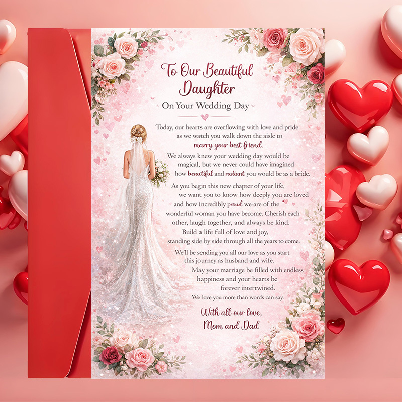 TEMU Une carte de mariage pour notre fille, avec un motif floral, livrée avec une enveloppe et une carte de vœux. C'est idéal pour la mariée sur sa