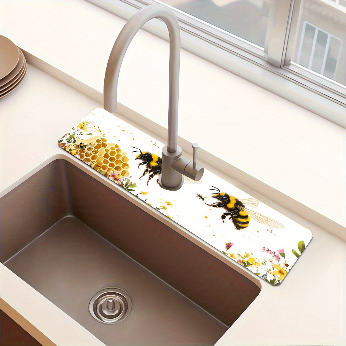 TEMU 1pc Honey Bee Pattern Tableware Drying Mat - Durable Polyester, Faucet & Sink Mat For Kitchen & Bathroom Decor, Adds With Diatomaceous Earth