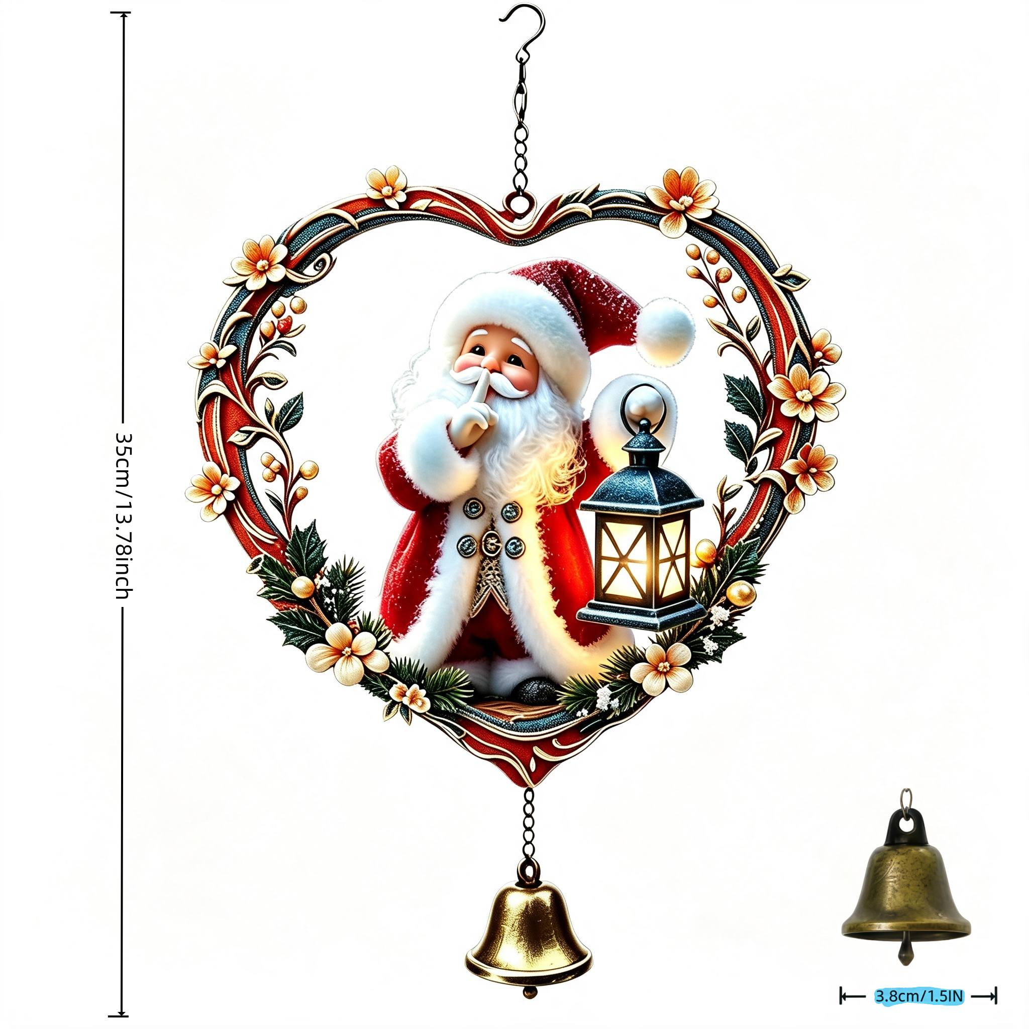 TEMU A Heart-shaped Wreath With Santa Claus And Wind Chimes As Decorative Pendants, Featuring Santa Claus Holding A Lantern And Christmas Floral