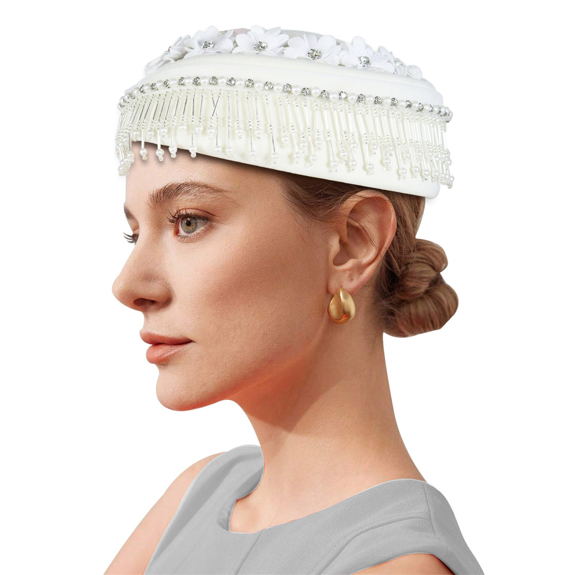 elegant felt church hat beaded tassel floral - Temu display picture 1
