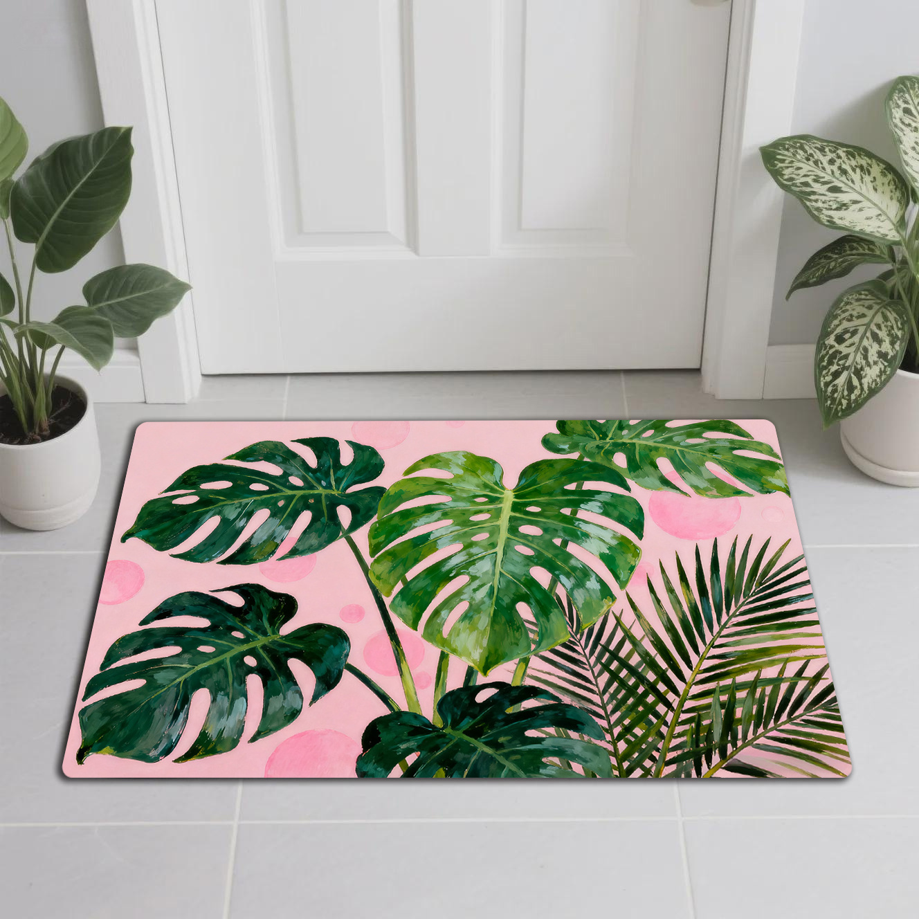 TEMU 1pc Large Tropical Monstera Leaf Mat - Plush Botanical With Non-slip Backing, Thick Soft Mat For Entryway, Bedroom, Bathroom, Pink Monstera Leaf