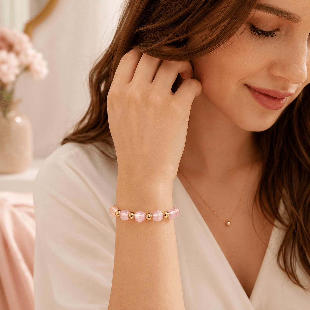 Women's Pink Cat's Eye Stone Bracelet with Acrylic Beads