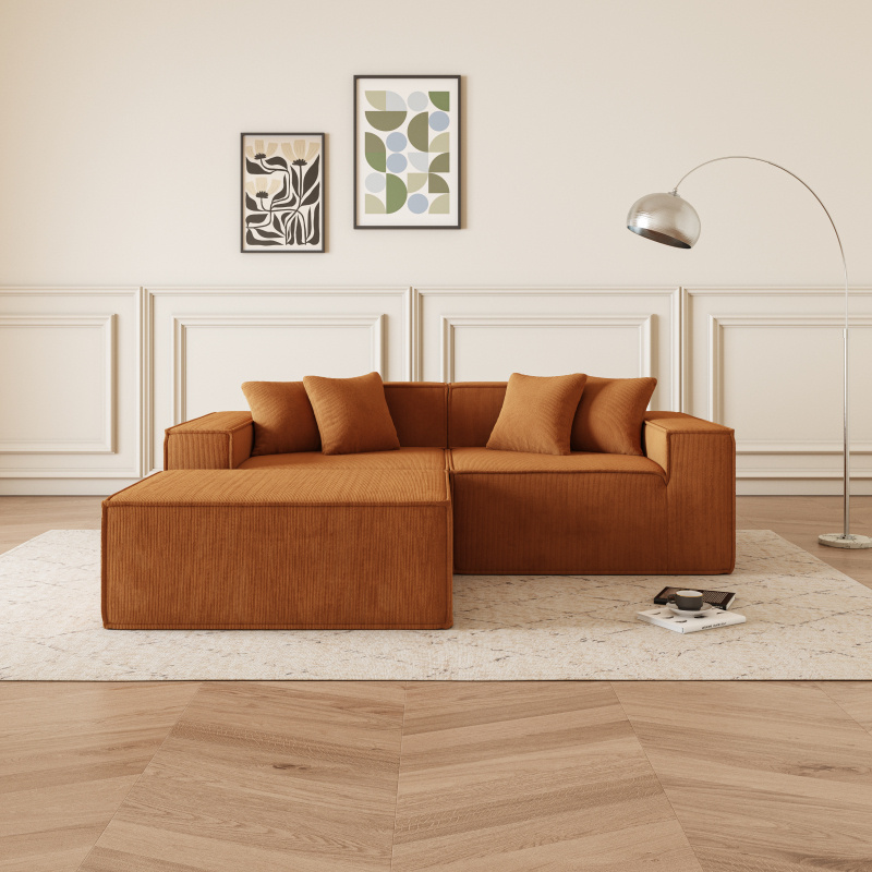 1 stuk moderne oranje modulaire l-vormige hoekbank met omkeerbare chaise, diepe zitkussens, comfortabele gestoffeerde stoffen bank voor wonen, ruimtebesparend appartementmeubilair, schuim-katoenen interieur, eenvoudige montage details 7