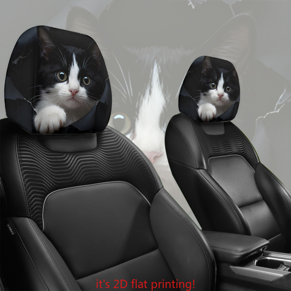 E-shop 2er-Set bedruckte Kopfstützenbezüge fürs Auto mit ausgestreckter Katzenpfote | 100 % | Dehnbares Universal-Design | Lustige schwarz-weiße