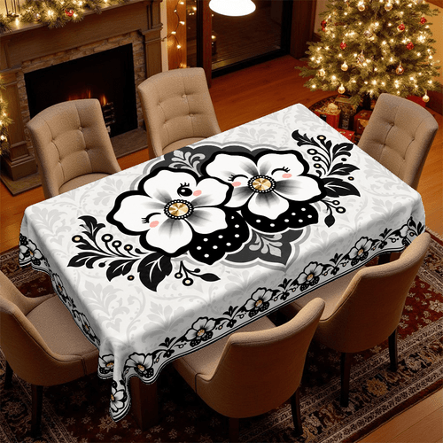 1pc tablecloth christmas decorations theme style vintage black white floral printed tablecloth retro damask pattern table cover suitable for home dining room kitchen cafe banquet table decoration