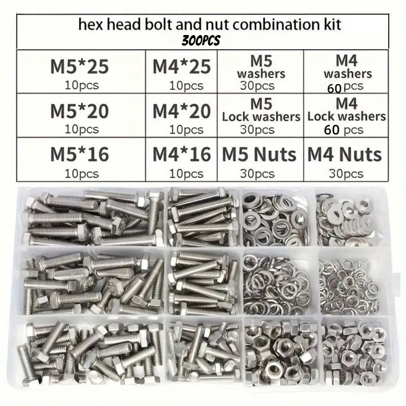 TEMU 300 pièces Kit de Boulons et Écrous à Bride Robustes, M4 M5, Ensemble de Boulons et Écrous Hexagonaux Métriques en Acier, 15 Tailles les Plus
