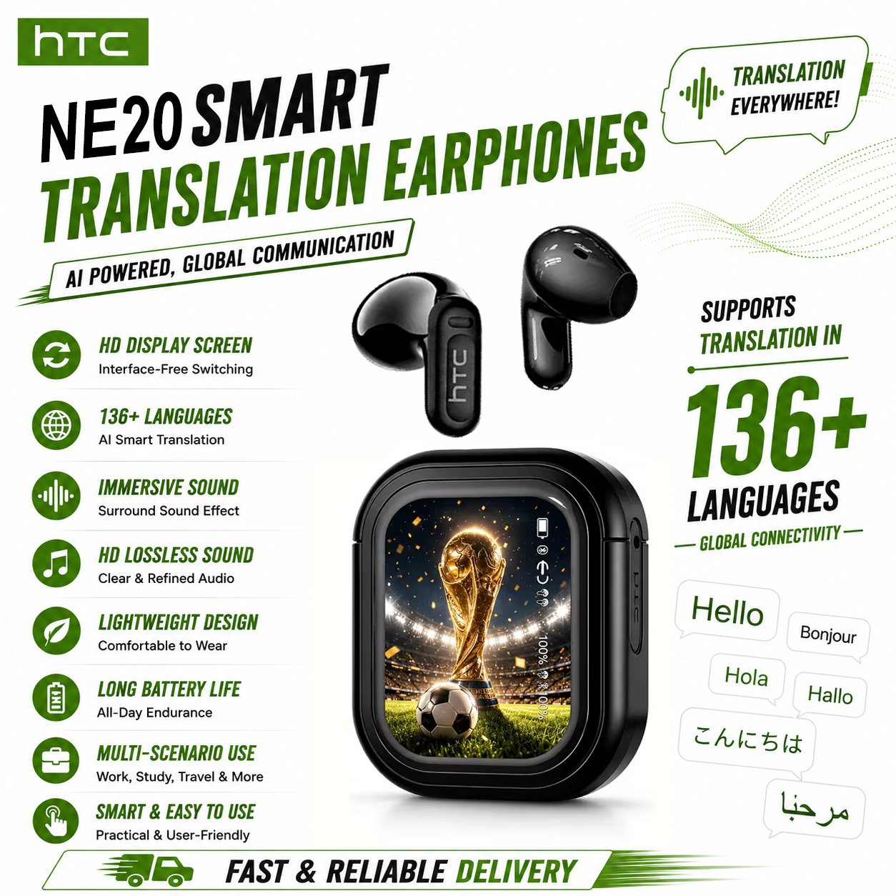 Image of Htc Ne20 New Translation Earphones, Real-time Translation Of 134 Languages, High-definition Screen Display, Multifunctional Earphones, Wireless 6.0 Tws High Fidelity , Long , Suitable For Christmas