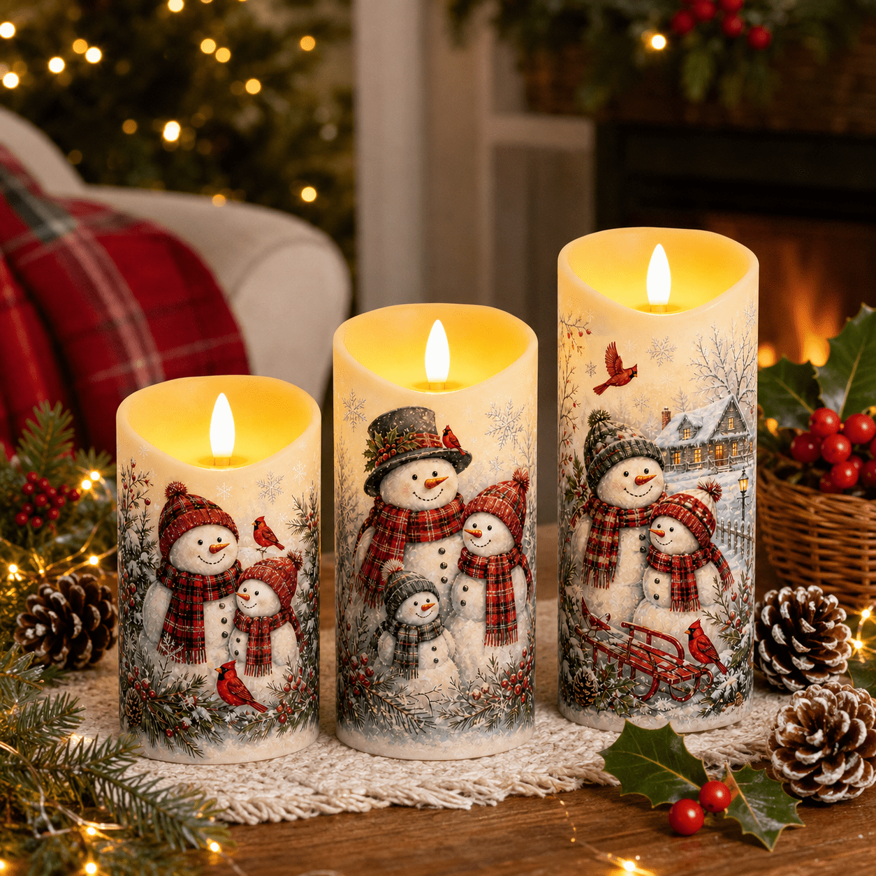 TEMU Christmas Snowman Flameless Led Candles, Bird Winter Printed Flickering Pillar Candles, Battery Operated Candle Lights With Remote & Timer -