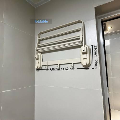 foldable wall mounted double tier storage rack with hooks and moistureproof cream color no drilling required bathroom and kitchen organizer