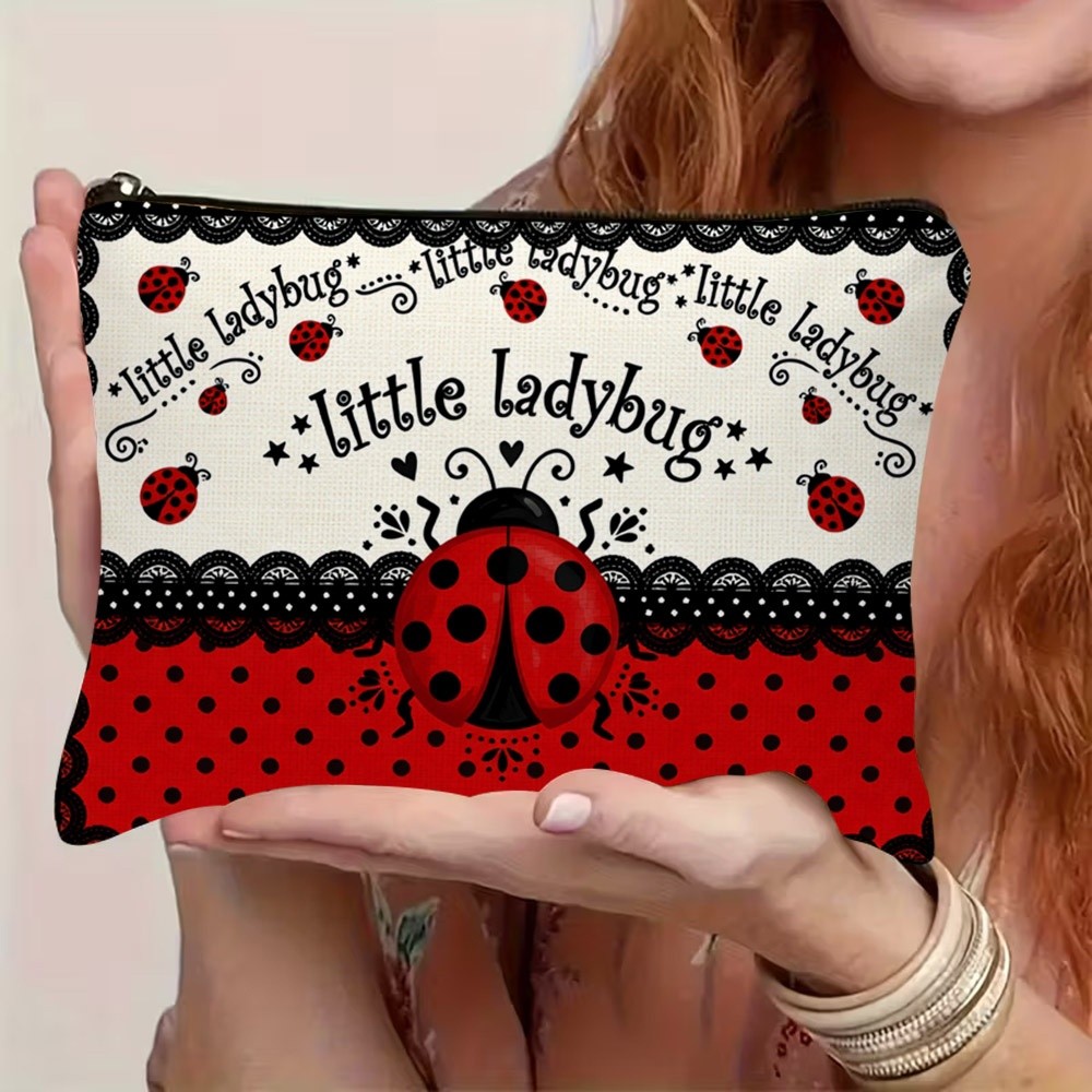 TEMU 1pc 2d Flat Cute Ladybug Pattern Cosmetic Bag, Double-sided Printed With Whimsical Red Black White Ladybug & Polka Dot Lace Design, Made Of