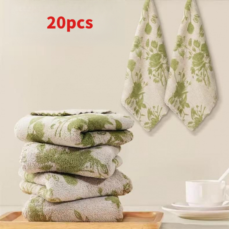 TEMU 20pcs Of Kitchen Dishcloths Made Of Coral Fleece With Green Rose Prints, Suitable For Cleaning Dishes, Tables, Countertops, Stoves, And Sinks.