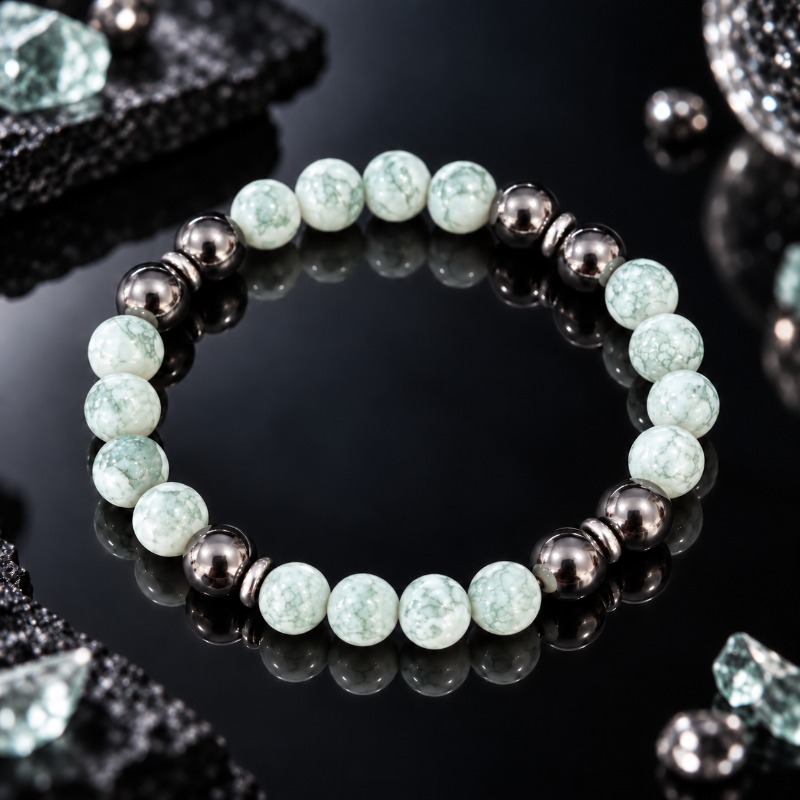 Exquisite Handmade Bracelet with Natural Green Water Ripple Beads