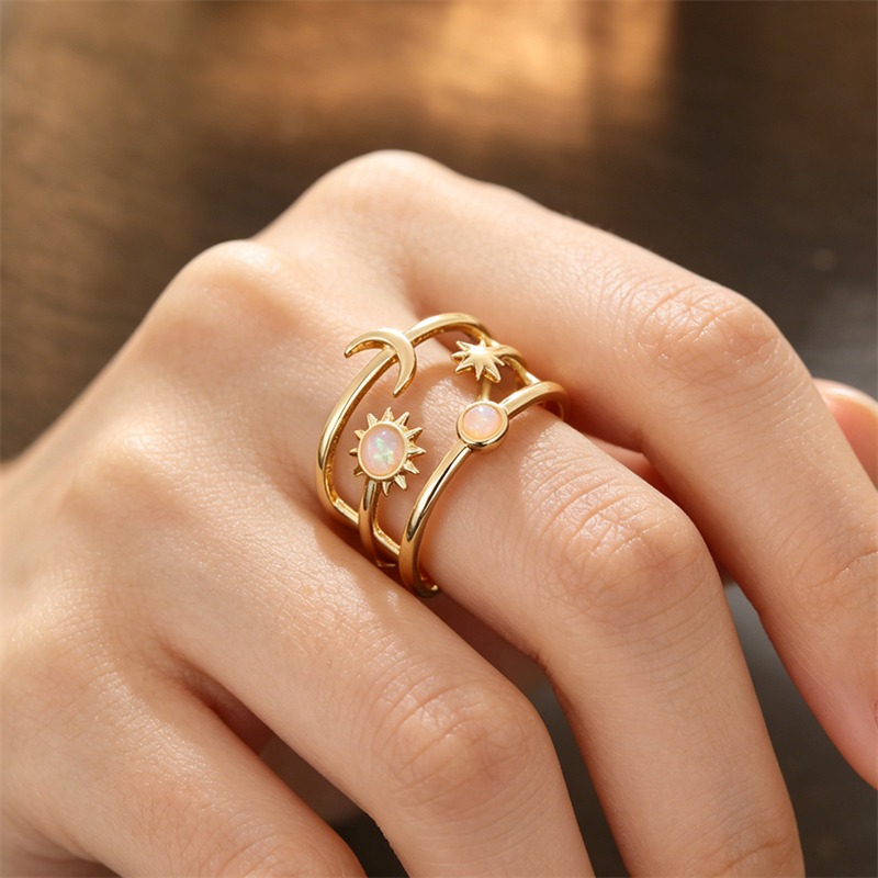 Women's Bohemian Engraved Moon Sun Star Adjustable Ring, Vintage Opal