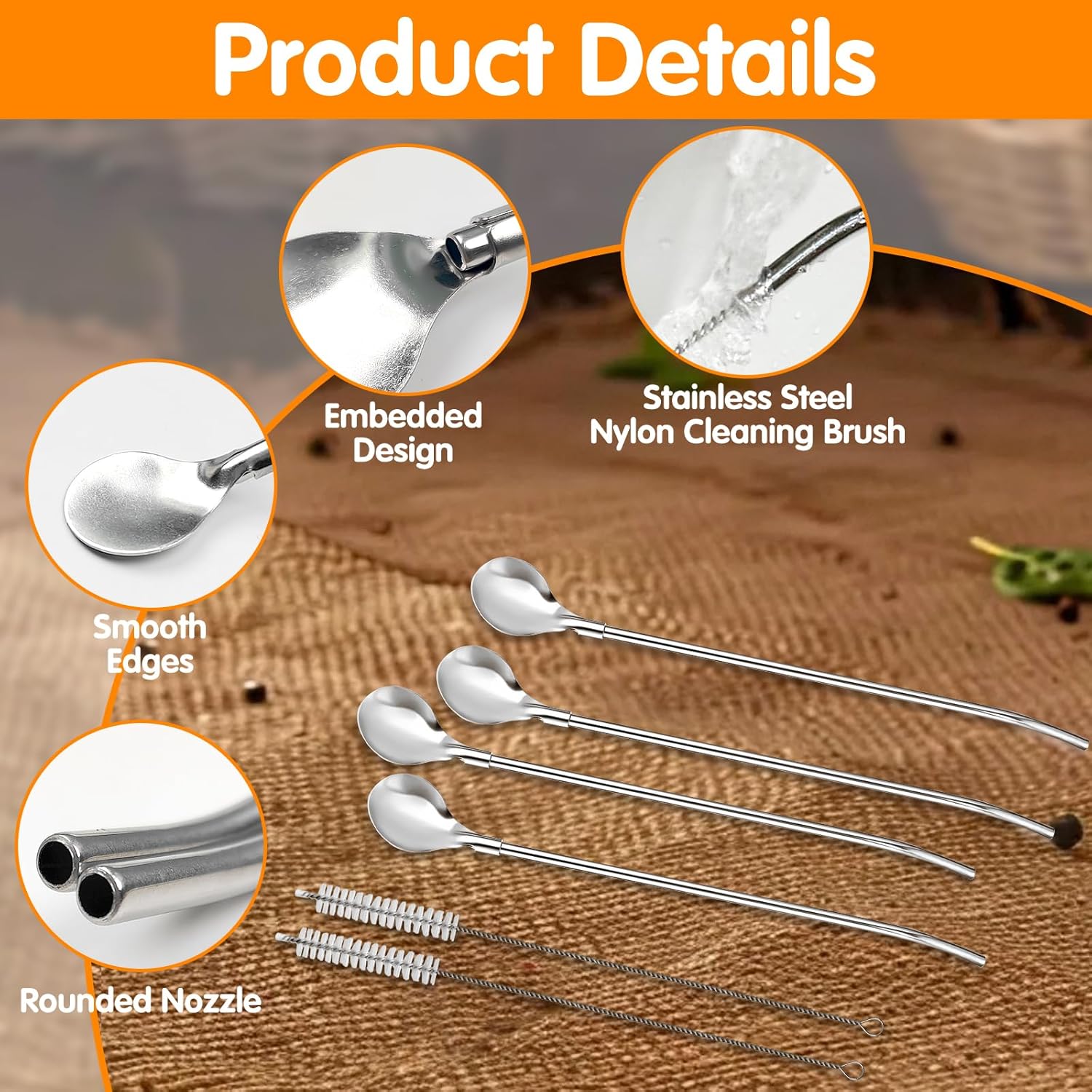 5pcs golden silvery stainless steel straws reusable straws 2 in 1 metal straw with spoon metal straw with 1 cleaning brush for smoothies   coffee and other drinks Product details 3