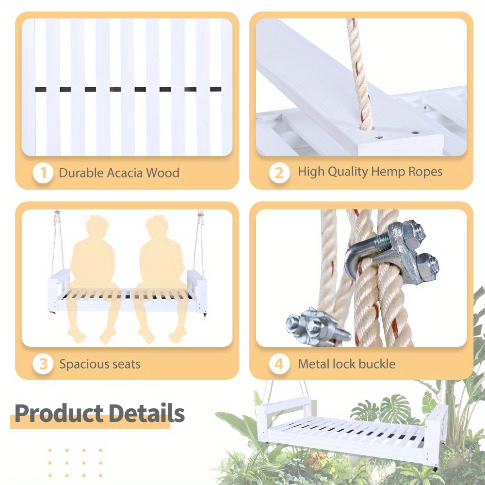 Garden seating. Swing chair. Double-sized porch swing bed seating set with hemp rope swing frame, suitable for gardens and backyards. Minimalist rustic style, ideal for courtyards and gardens. Mattress sold separately.