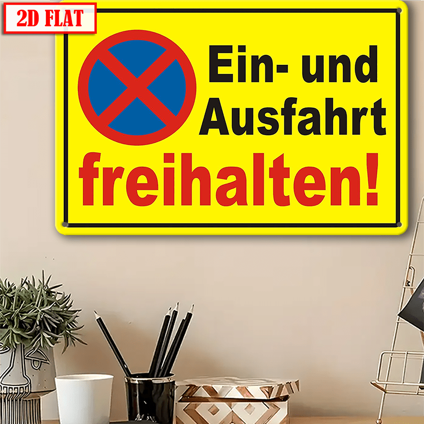 2d Flat - 2d Plane, 1pc German " Exit " And "no Parking" Metal Sign - Yellow Background With Symbol - Weatherproof Uv-resistant , Fire