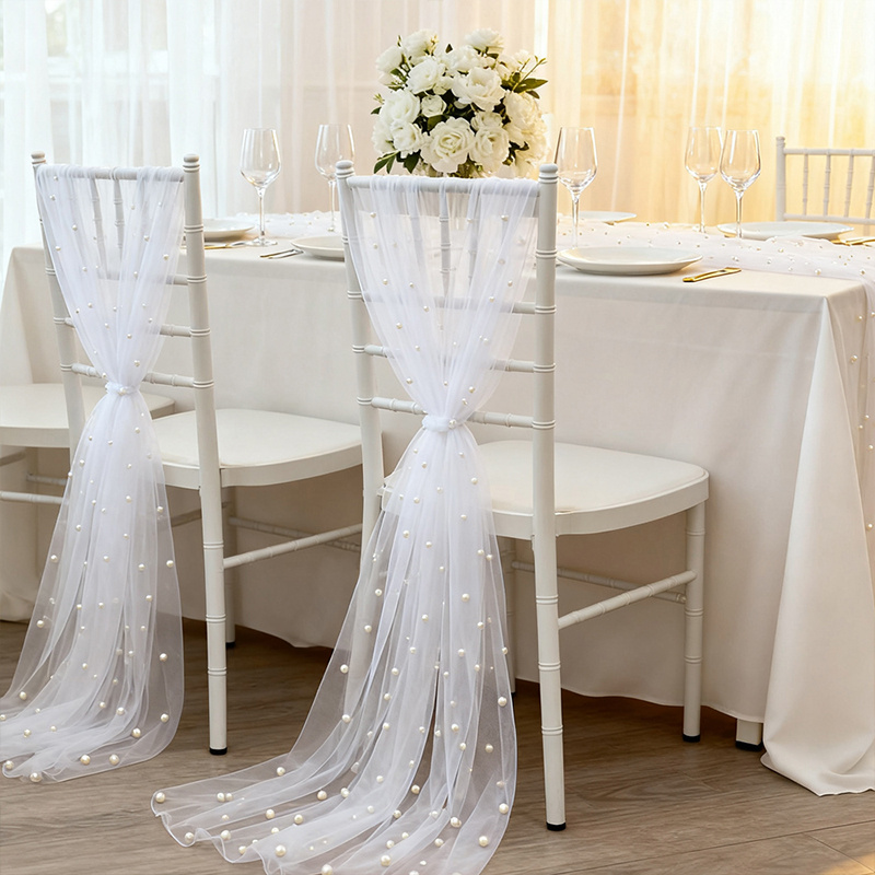 TEMU Elegant Multicolor Pearl Embellished Tulle Chair Back Decoration, Decorative Soft Transparent Chair Cover, Suitable For Kitchen, Dining Room And