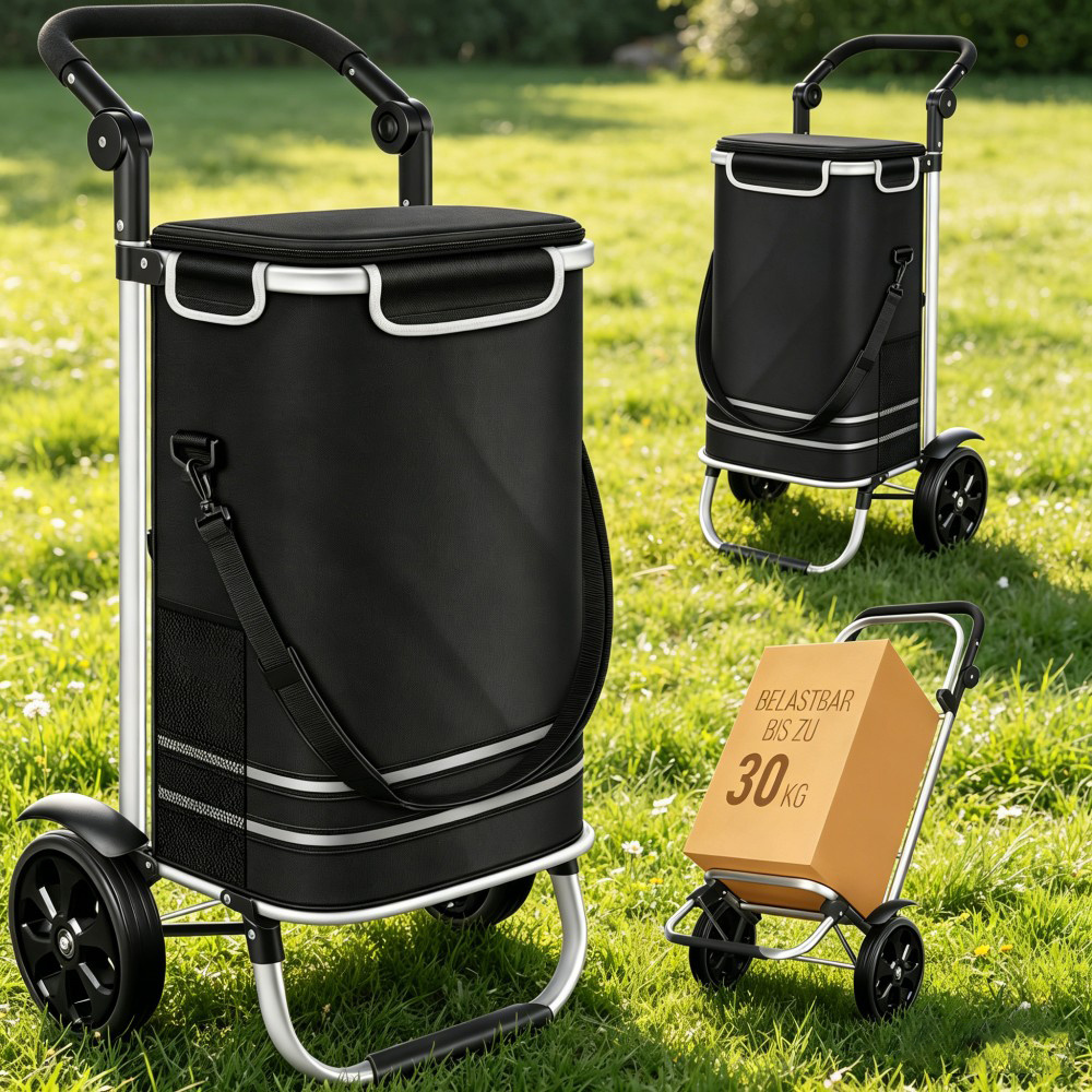 Black 3in1 Foldable Shopping Trolley 56l Cooler Compartment Portable Shopping Cart Bag