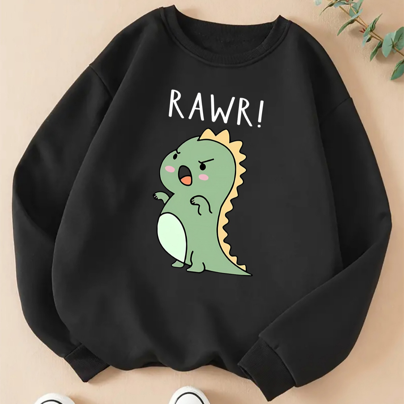 

Cozy Cartoon Dinosaur Print Fleece Sweatshirt For Women - Casual Crew Neck, Long Sleeve Pullover