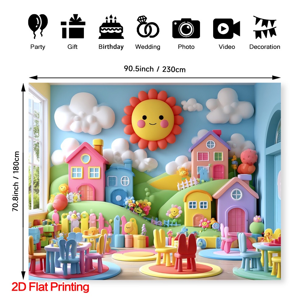 TEMU Photography Backdrop (2d Flat Printing) 1pc Sun Clouds Colorful Houses Photography Background, Polyester Fabric, Suitable For Studio, Courtyard,