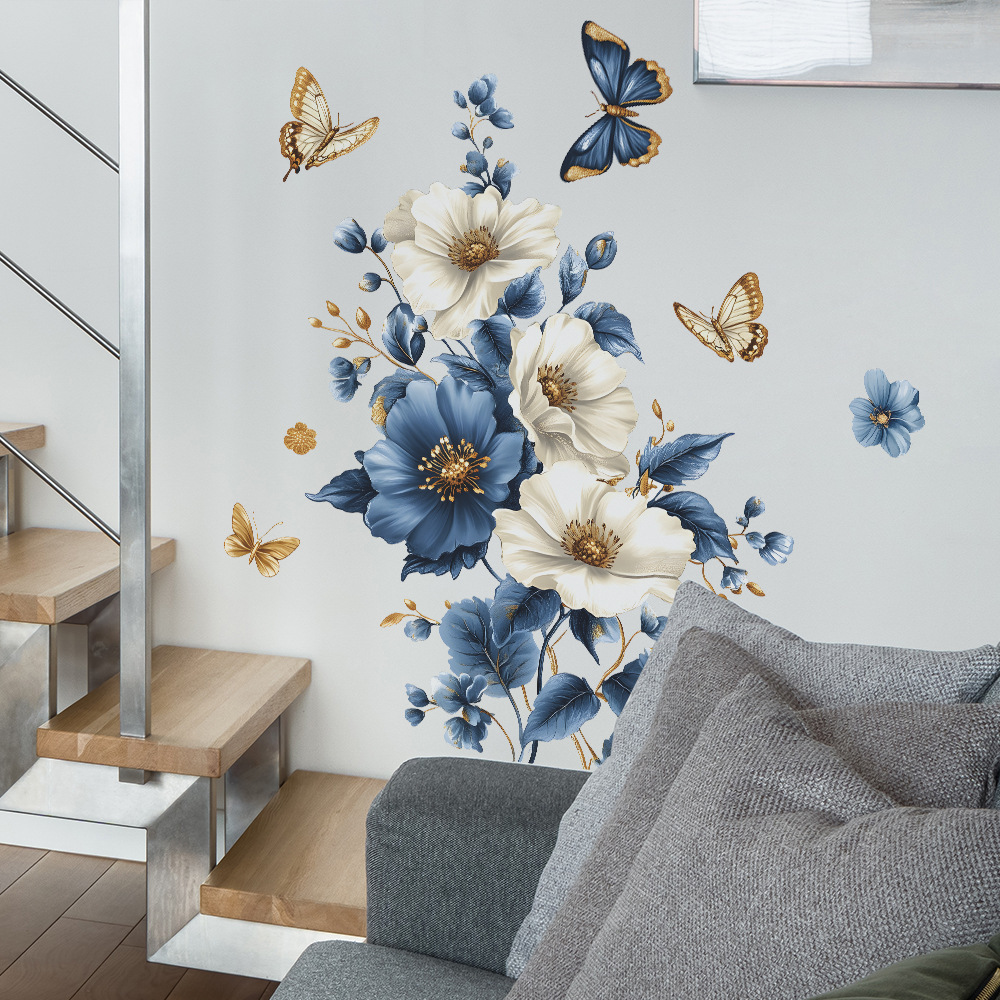 

3d Floral & Wall Decal - Self-adhesive, Removable Pvc Sticker For Bedroom, Living Room, Entryway - Decor In Blue, Golden, White, Winter, New Year