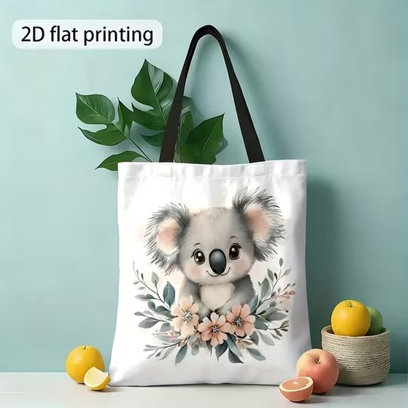 TEMU 1pc Large Capacity Tote Bag With Cartoon Koala And Floral Print, Suitable For Shopping, Daily Commuting, Strolling, And Short Trips, Ins-style