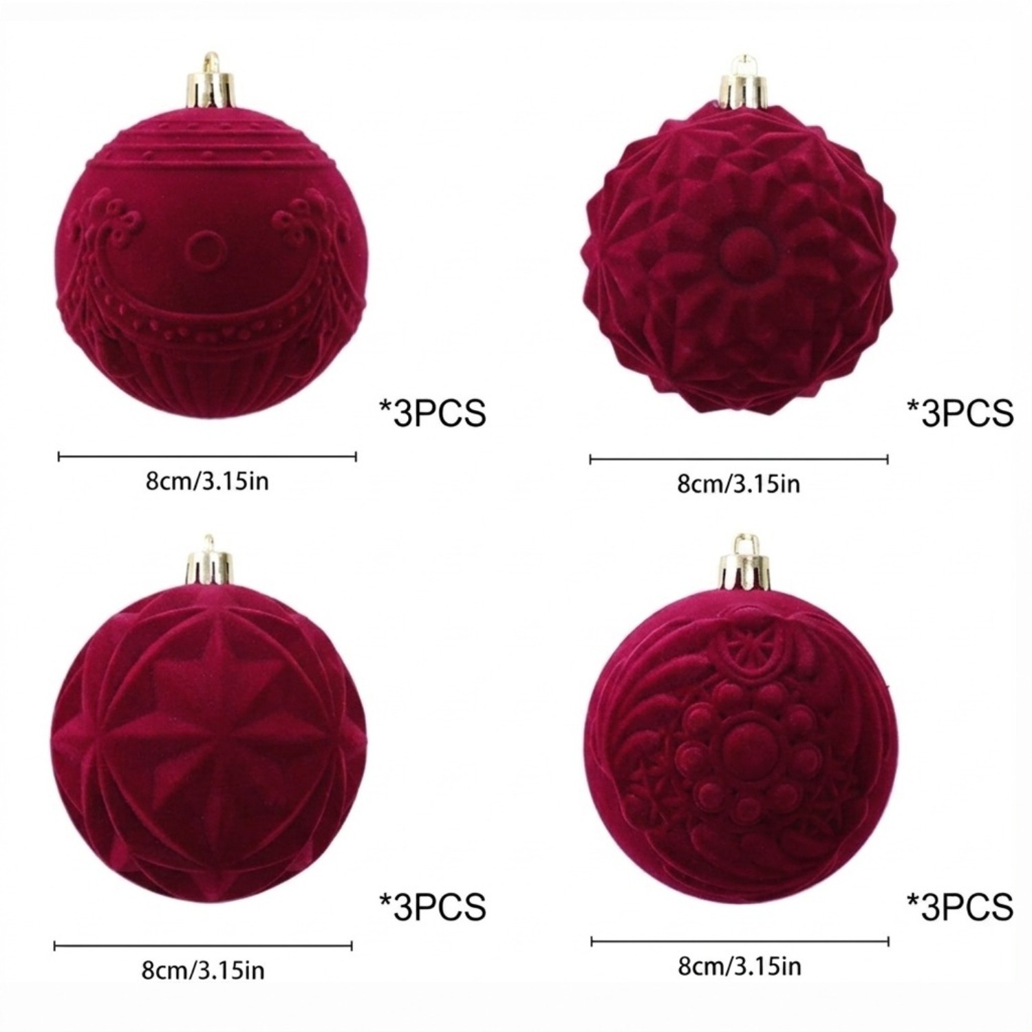TEMU 12 adornos de bolas navideñas de terciopelo color , 3.15 pulgadas, flocadas, , para colgar, decoraciones suaves para árbol de Navidad con 4
