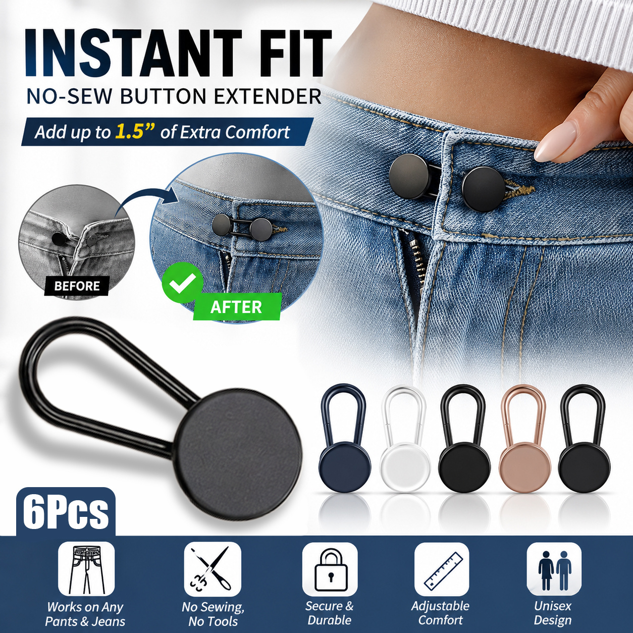 6pcs Button Extenders for Jeans & Pants, No Sew Adjustable Waist Expanders for Men & Women, Reusable Waistband Relax Clips Fit Dress Pants, Shirts, Collars & Shorts, Quick Fix Metal Clothing Hardware Accessories