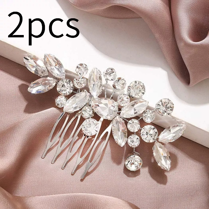TEMU 2pcs Silvery Shiny Branch Leaf Decorated Headpiece, Shiny Handmade Hair Accessory, Bridal Hair Comb, Light Luxury Shiny Updo Accessory, High-end