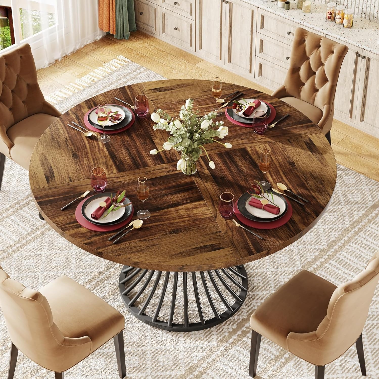 Image of Round Dining Table For 4-6 People, 47-inch Farmhouse Dinning Room Circle Kitchen Table, Industrial Dinner Table With Metal Base For Kitchen, Living Room, Black And Brown