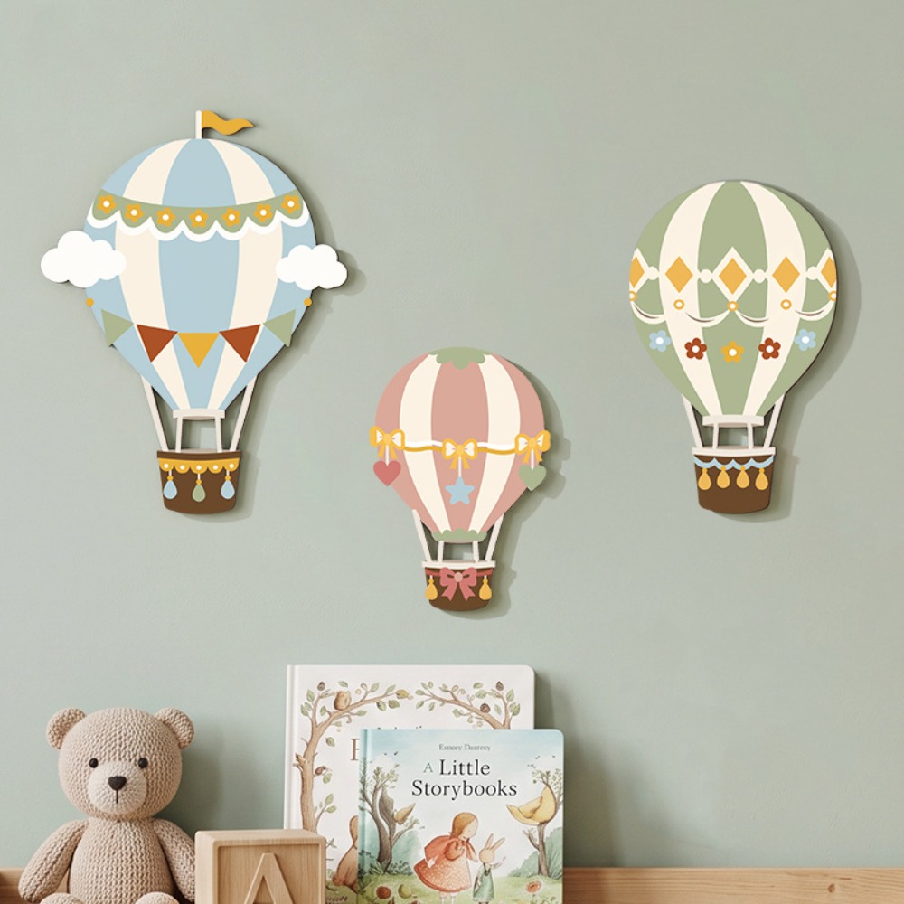 TEMU Juego de 3 piezas de decoración de pared de madera con aerostático pastel para impresión 2D, placa de madera de y colorido, adorno colgante de
