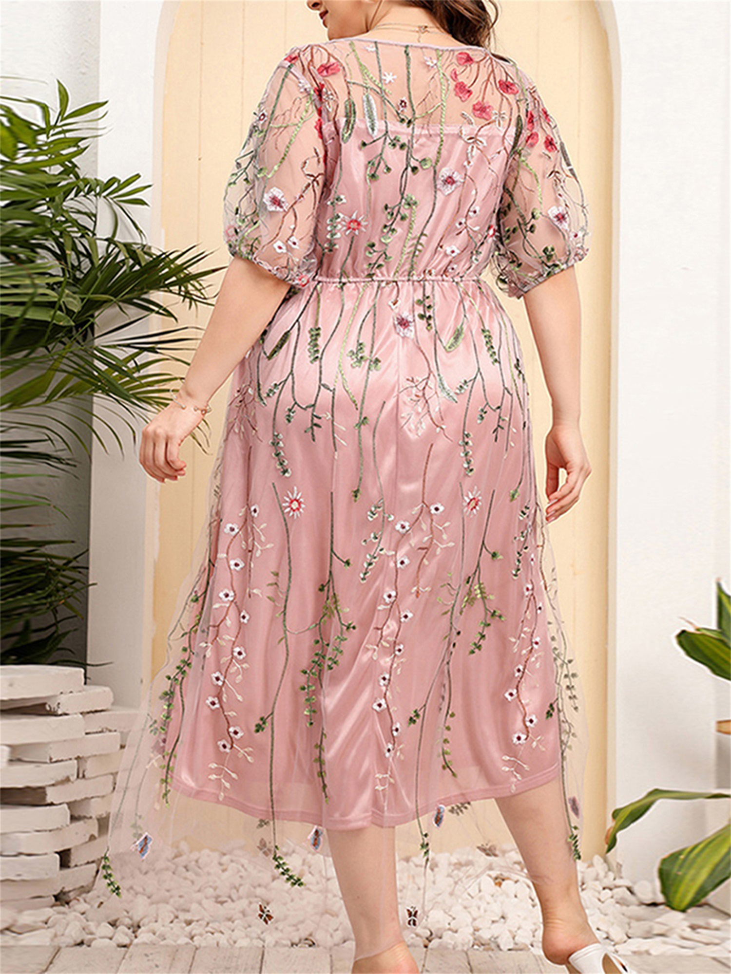 women's mesh midi dress floral embroidered half sleeve crew Temu