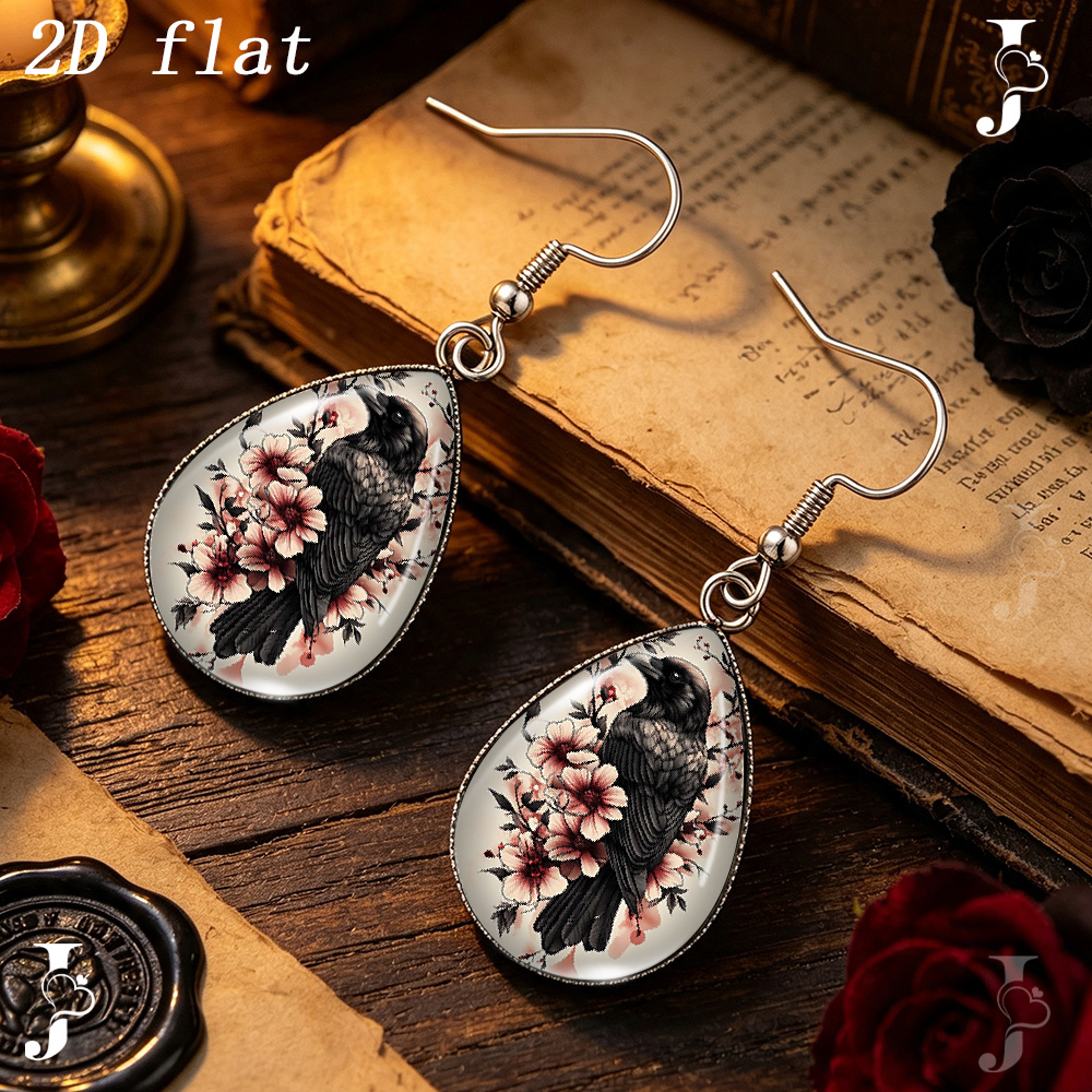 Teardrop Dangle Earrings with Cherry Blossom Pattern
