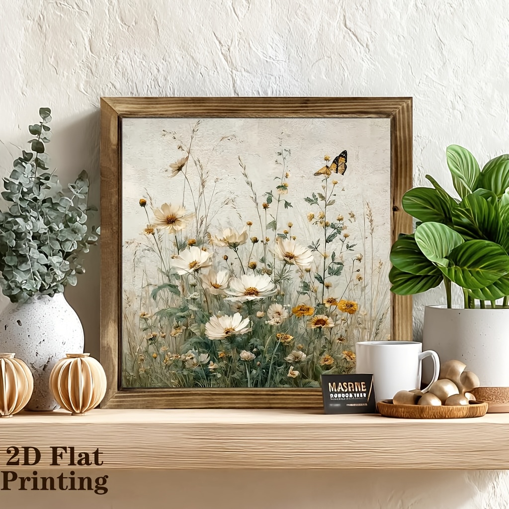 TEMU 2d Flat, 1pc, Country Retro Style Spring Flowers And Butterflies Decor Picture Frame Painting - Rustic Home Decor For Living Room, Bedroom,