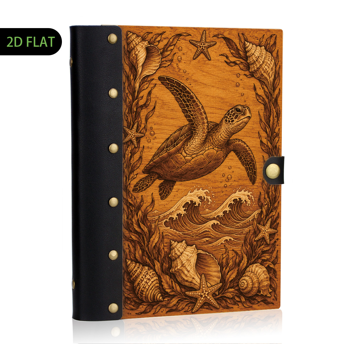 TEMU 1pc Sea Turtle Hardcover Notebook With Lockable Cover - 100 Page Leather Rivet & Wooden Hard Cover Journal, Ocean Animal Diary Suitable For,