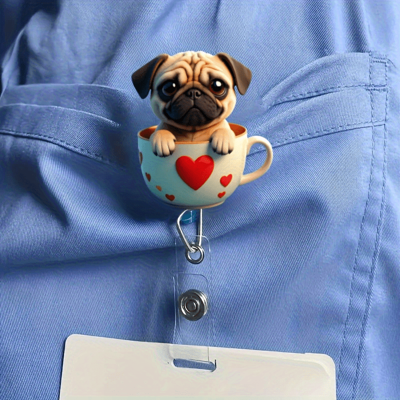 TEMU 2d Flat 1 Pug In A Teacup Stretchable Badge Roll, 2d Acrylic Id Holder For Nurses, Medical Students, Doctors, Nurses & , Name Tag Holder, Cute