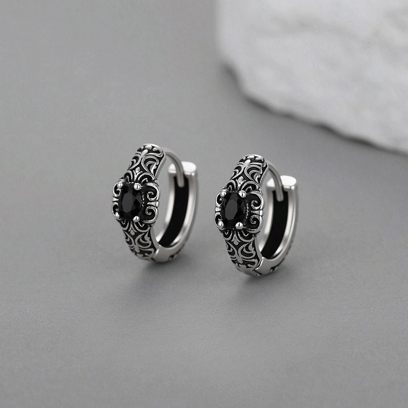 TEMU 1 Pair Retro Pattern Black Zirconia Earrings Men's Fashion Versatile Ear Jewelry Women's Individual Dark - Pattern Earrings Suitable For Men And