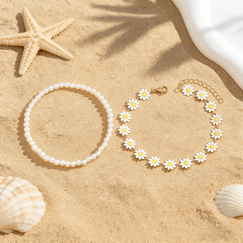 2pc Women's Daisy Chain Stackable Anklet Set
