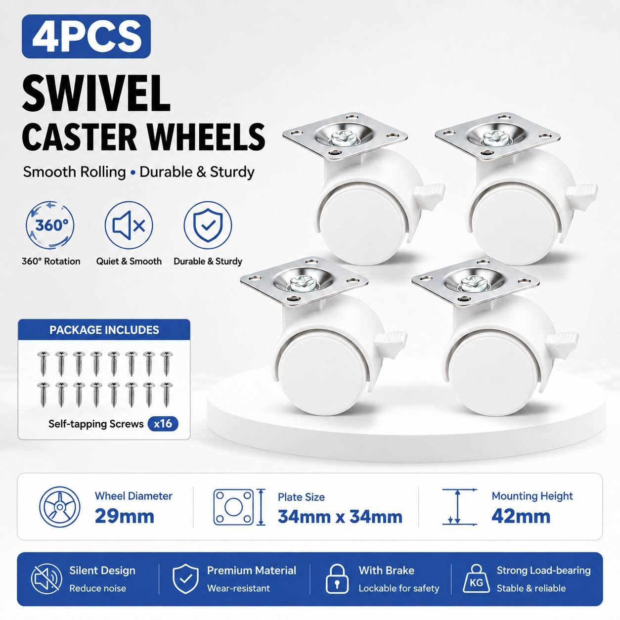 TEMU 4 Pack Heavy Duty Swivel Plate Casters With Locking Brake -1/1.5 Inch - Frame & Black Pvc Wheels (includes 16 Screws) - For Office Cabinets,